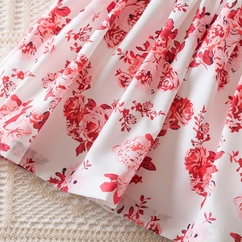 Summer Floral Print Dress for Baby Girls with Flutter Sleeves Elegant round Neck European American Style Party Gown
