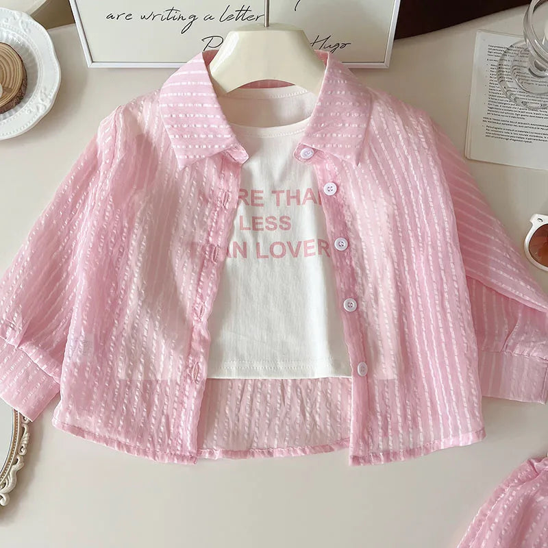 3Pcs Children's Clothes Sets Striped Long Sleeve Blouses Shirts Vest Shorts Sets Kids Girls Summer Casual Tops Pants Outfits Set