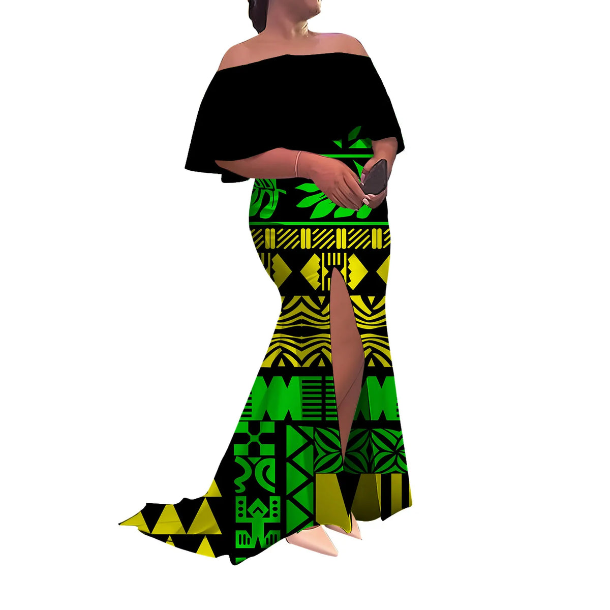 Women'S Dress Half-Printed One-Shoulder Slit Long Floor-Length Slimming Fishtail Dress Polynesian Evening Dress Custom-Made