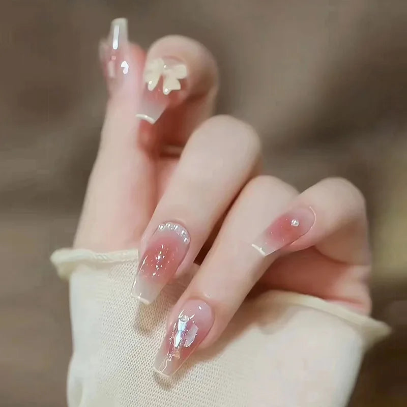 24Pcs Love Heart Butterfly Coffin Fake Nails Art French Long Ballet Detachable Wearing Press on Nail Tips Full Cover False Nails