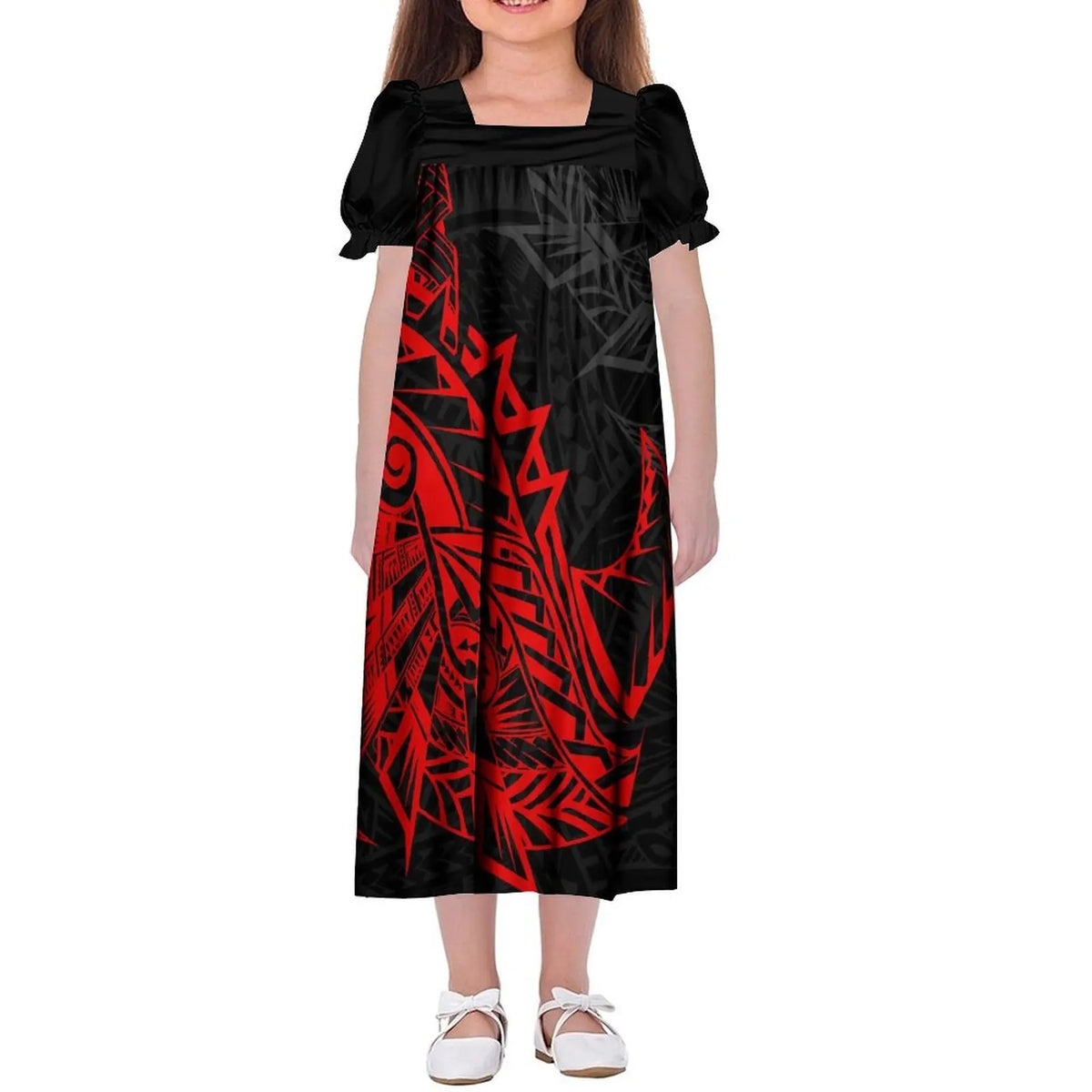 Custom Wholesale Polynesian Girls Dress Summer Puffed Sleeves Design Children'S Long Skirt Loose Dress Tribal Floral Print