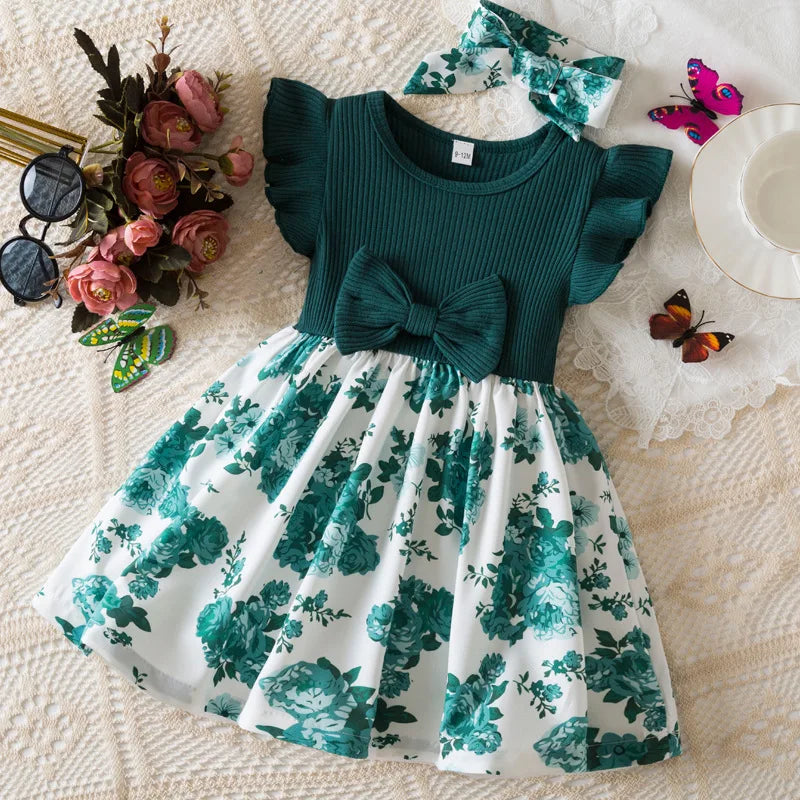 Summer Floral Print Dress for Baby Girls with Flutter Sleeves Elegant round Neck European American Style Party Gown