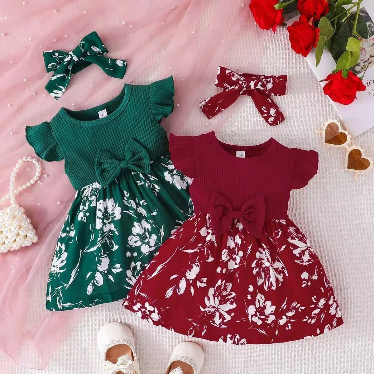 2026 Fashion Baby Girl Summer solid color breathable, wear-resistant and washable knitted top with flower print pattern dress