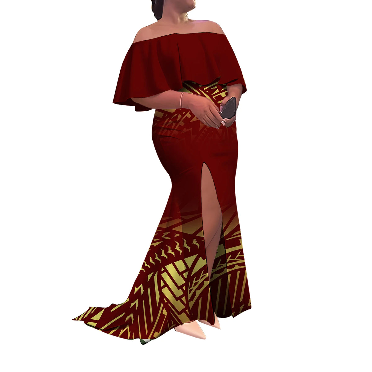 Summer Women'S Dress Elegant Half-Printed One-Shoulder Slit Long Floor-Length Polynesian Slimming Fishtail Dress