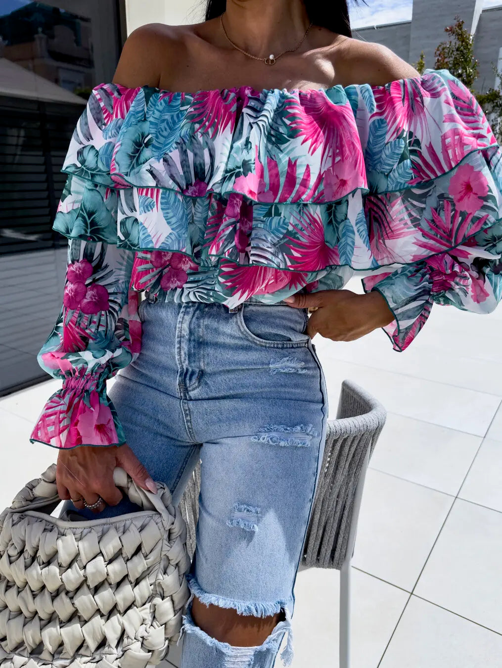 Floral Off-Shoulder Ruffle Chiffon Blouse