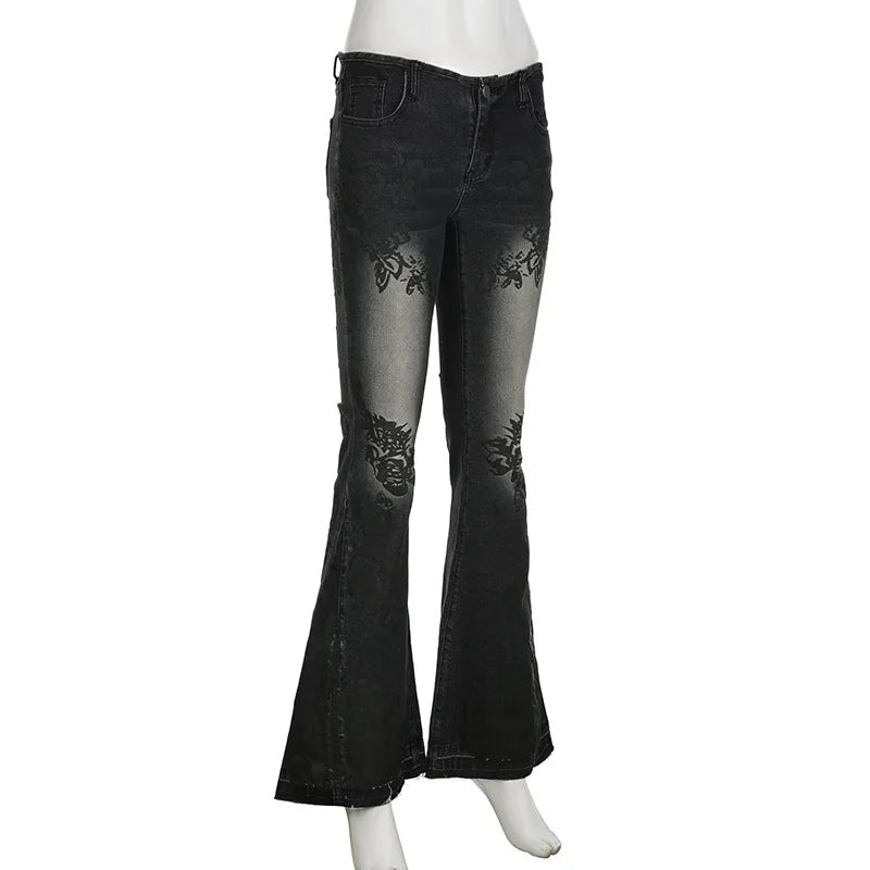 Women's Jeans  New American Retro Street Style Plant Print Washed Vintage Low-Rise Flare Pants Trendy Versatile