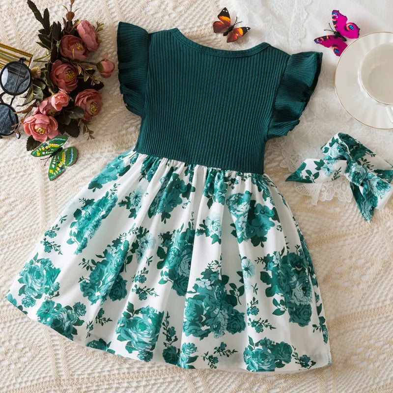 Summer Floral Print Dress for Baby Girls with Flutter Sleeves Elegant round Neck European American Style Party Gown