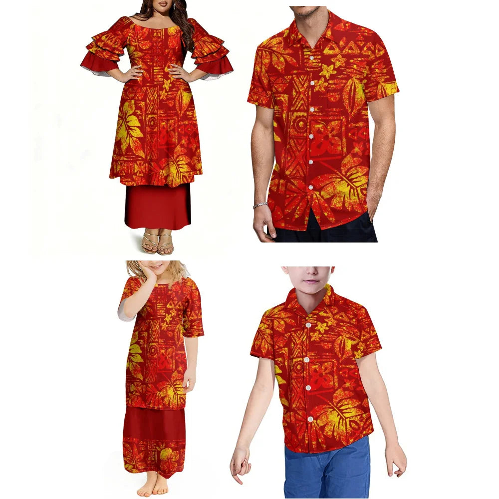 Summer Pacific Island Samoa Family Set Women'S Puletasi Dress Men'S Hawaiian Shirt Festival Party Floral Printed Clothing