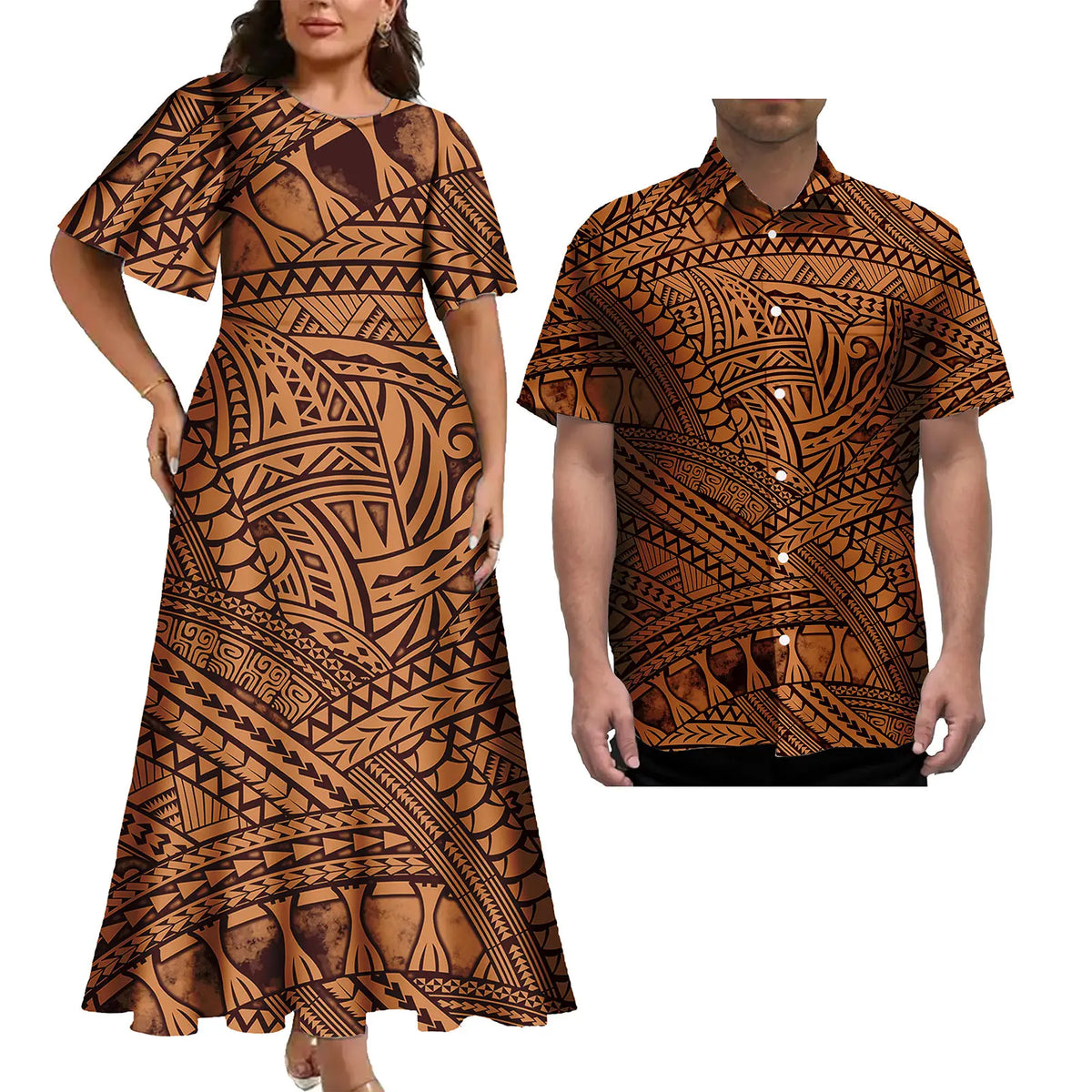 Print Couples Matching Puletasi Dress and Hawaiian Shirt Polynesian Traditional Pattern Aloha Shirt Two-piece Dress Outfit