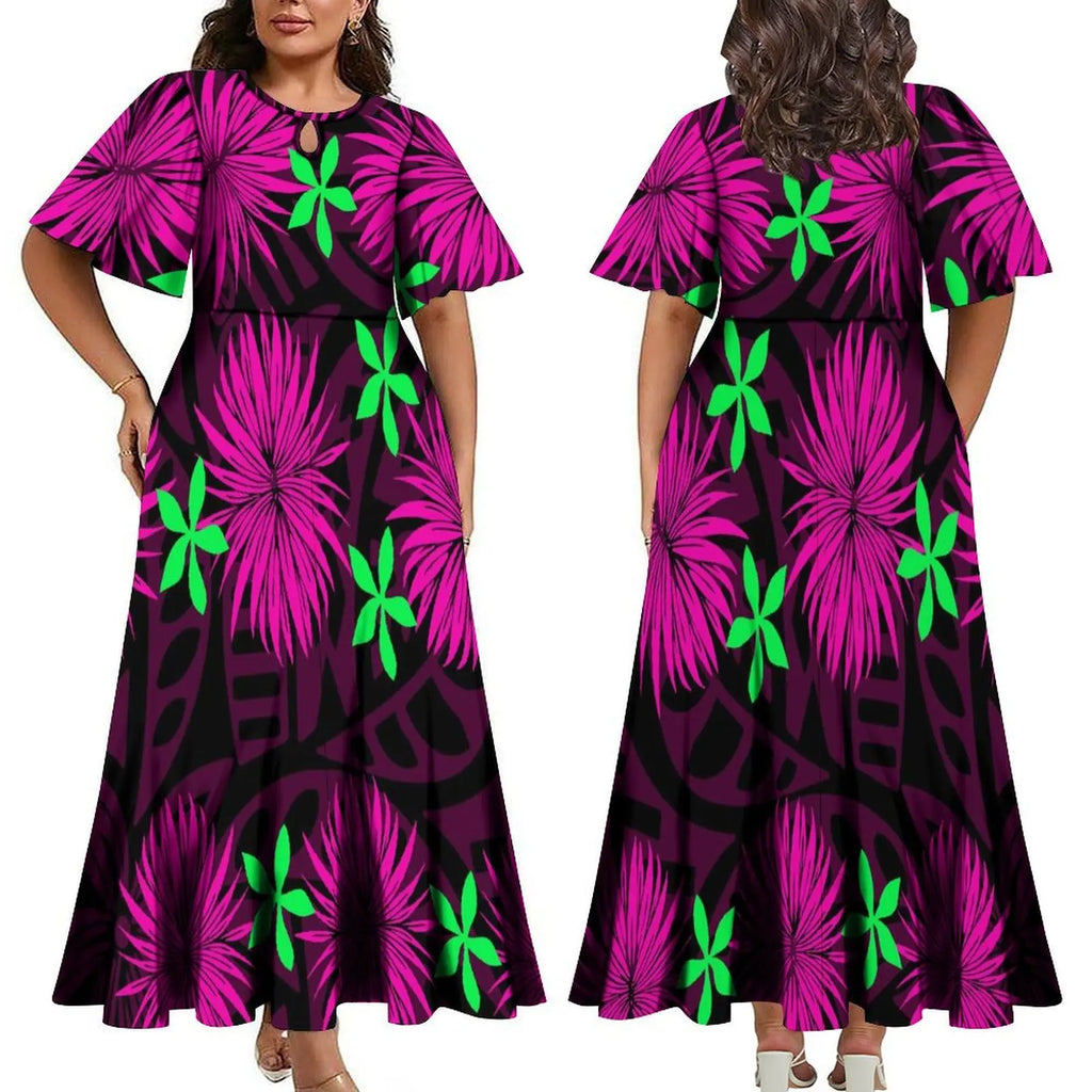 Wholesale Custom Polynesian Tribal Printed Half Flare Sleeve Long Party Dress Maxi Island Style Dress Plus Size Womens Clothing