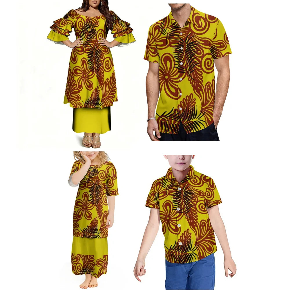 Summer Pacific Island Samoa Family Set Women'S Puletasi Dress Men'S Hawaiian Shirt Festival Party Floral Printed Clothing