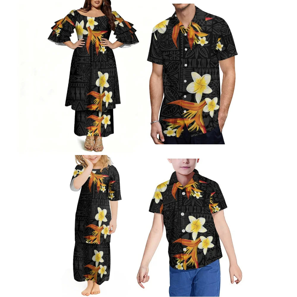 Pacific Island Samoa Family Set Comfortable Women'S Puletasi Dress Men'S Hawaiian Shirt Festive Party Floral Printed Clothing