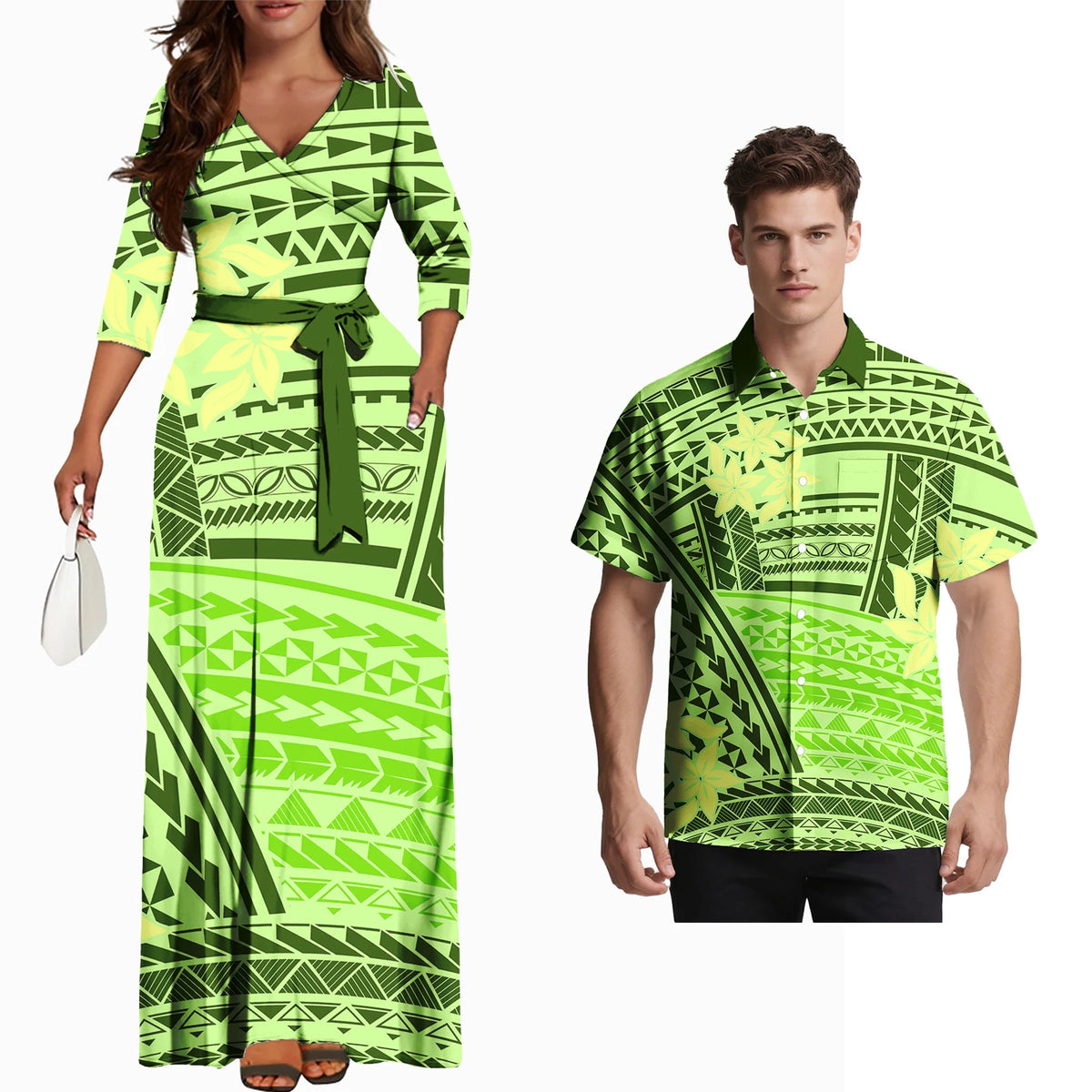 Fashion Couple Outfits Hawaiian Men Pocket Shirts Samoan Women V-Neck Flowers Laceup Long Dress Polynesian Couple of Set Custom