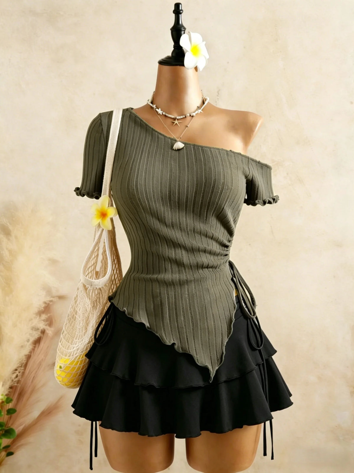 Ribbed Cami & Ruffle Mini Skirt Set