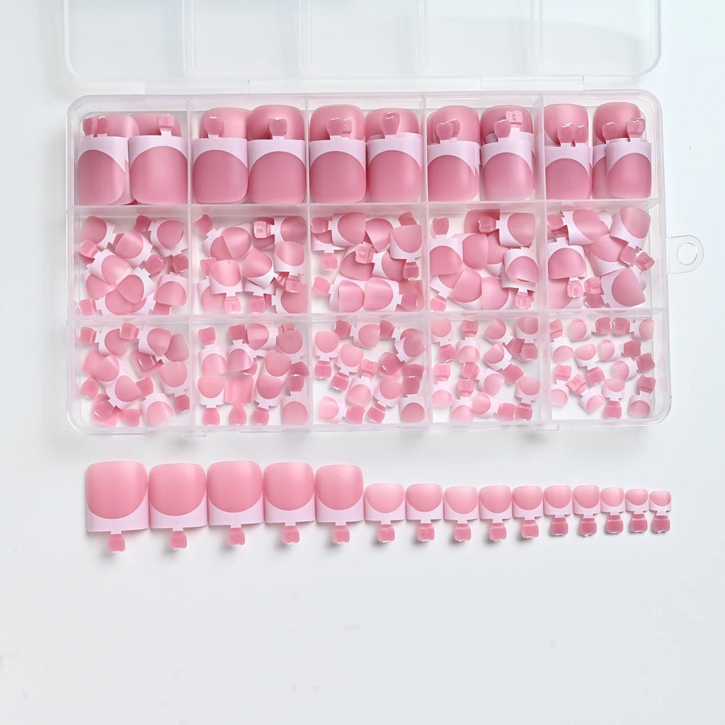 150Pcs Pink White French Press On Toenails 15-Sizes Short Square Fake Toe Nails White Edge Design Wearable False Foot Nail Tips