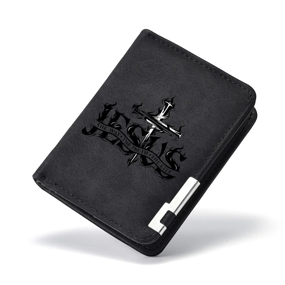 Men's Mini Ultra-Thin Short Wallet Jesus Cross Print Suede PU Leather Credit Card Holder Portable Bifold Christian Purse