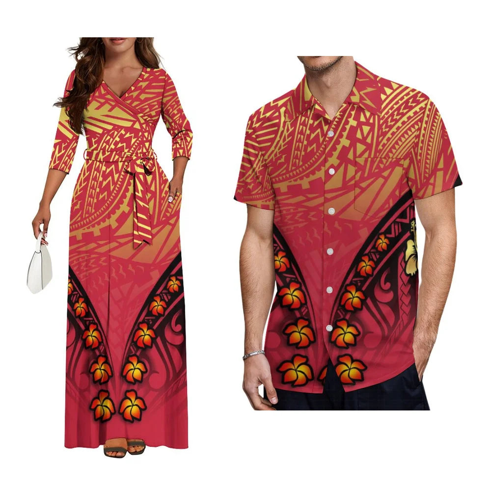 Polynesian Custom Couple Clothing Autumn Long Sleeve New Women'S Dress Hawaii Men'S Formal Shirt 2-Piece Set 2025 New