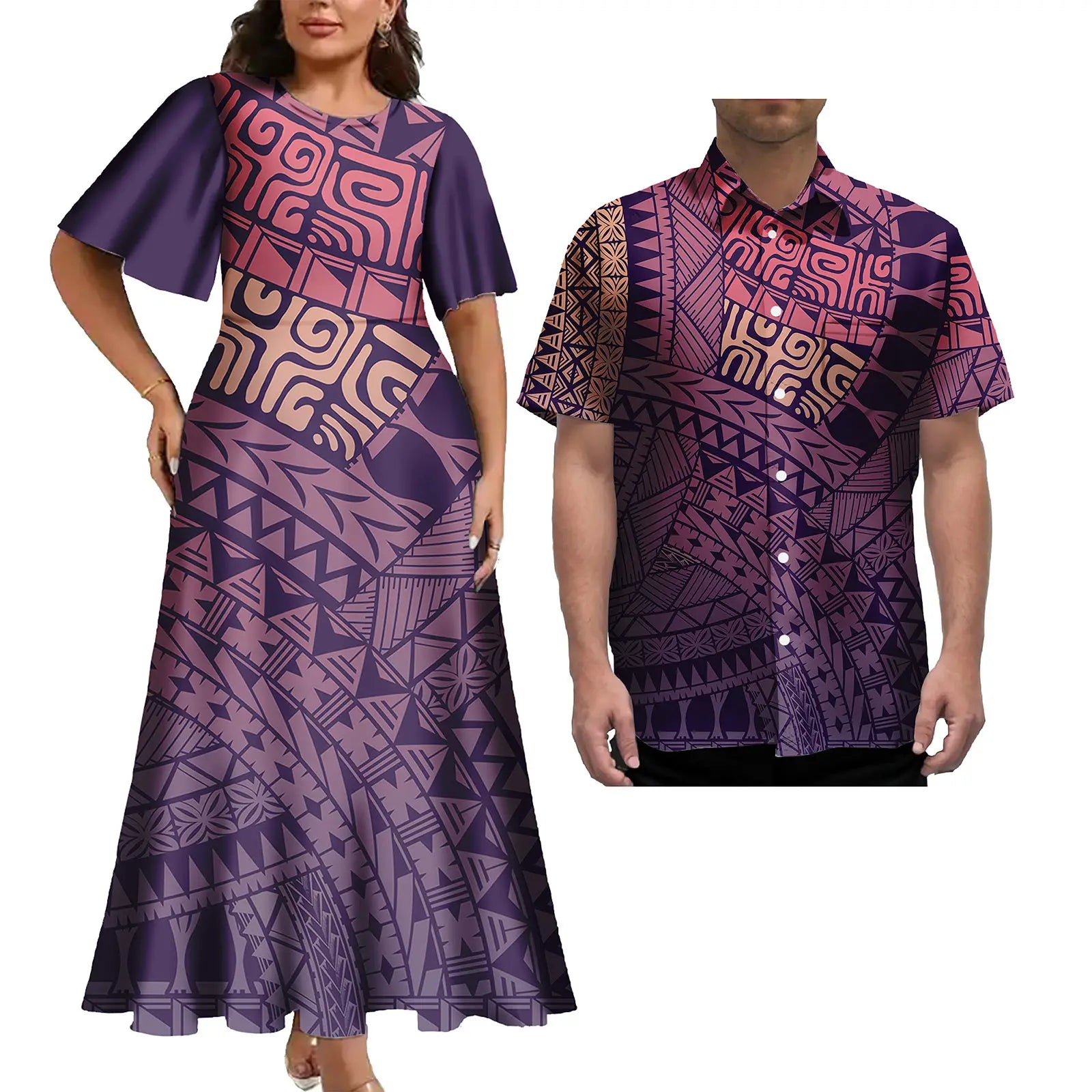 Print Couples Matching Puletasi Dress and Hawaiian Shirt Polynesian Traditional Pattern Aloha Shirt Two-piece Dress Outfit