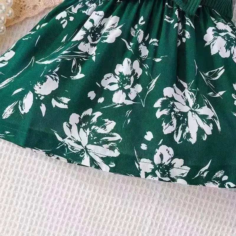 2026 Fashion Baby Girl Summer solid color breathable, wear-resistant and washable knitted top with flower print pattern dress