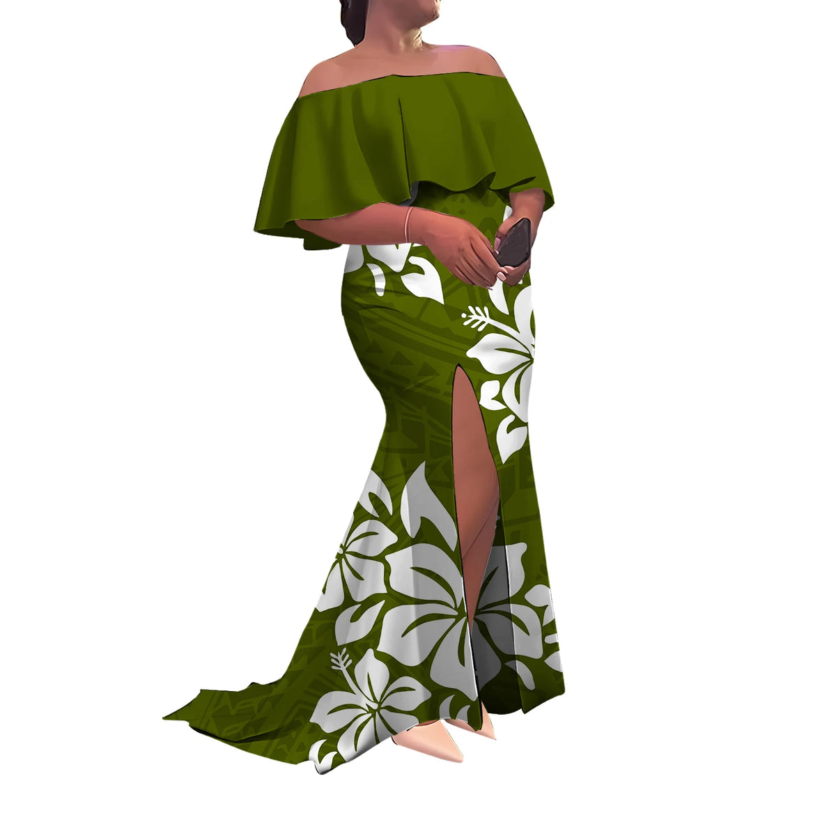 Summer Women'S Dress Elegant Half-Printed One-Shoulder Slit Long Floor-Length Polynesian Slimming Fishtail Dress