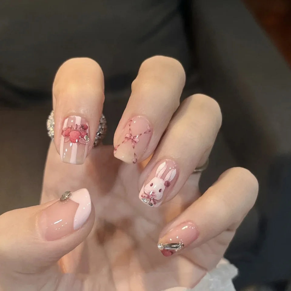 24Pcs Love Heart Butterfly Coffin Fake Nails Art French Long Ballet Detachable Wearing Press on Nail Tips Full Cover False Nails