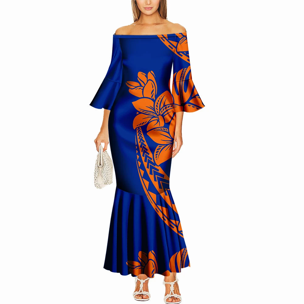 Summer One-Shoulder Puletasi Dress Custom-Made Samoan Islands Print Polynesian Tribal Women'S Tight Fishtail Dress