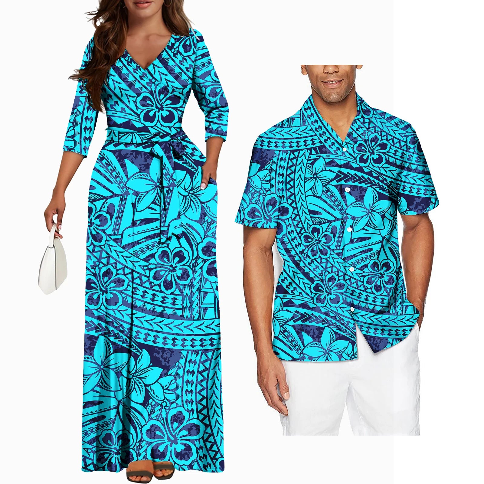 Matching Couples Clothes Pacific Islands Style New Arrivals V Neck Long Sleeve Women Dress Hawaii Island Polynesian Style