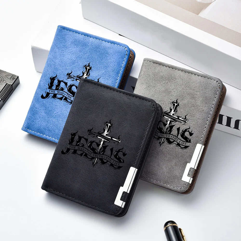 Men's Mini Ultra-Thin Short Wallet Jesus Cross Print Suede PU Leather Credit Card Holder Portable Bifold Christian Purse