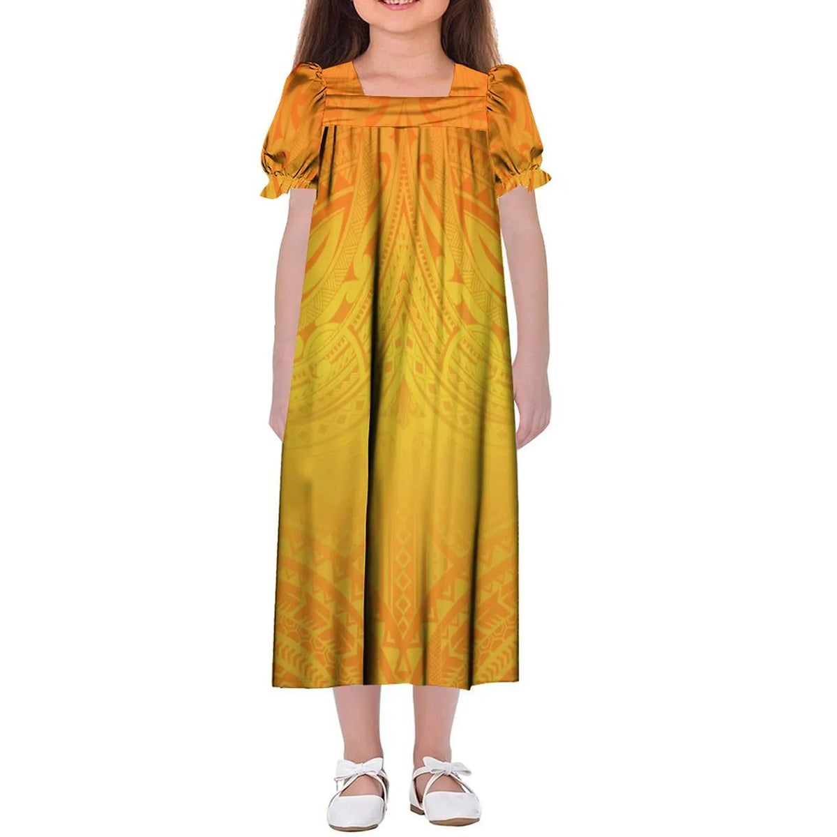 Custom Wholesale Polynesian Girls Dress Summer Puffed Sleeves Design Children'S Long Skirt Loose Dress Tribal Floral Print