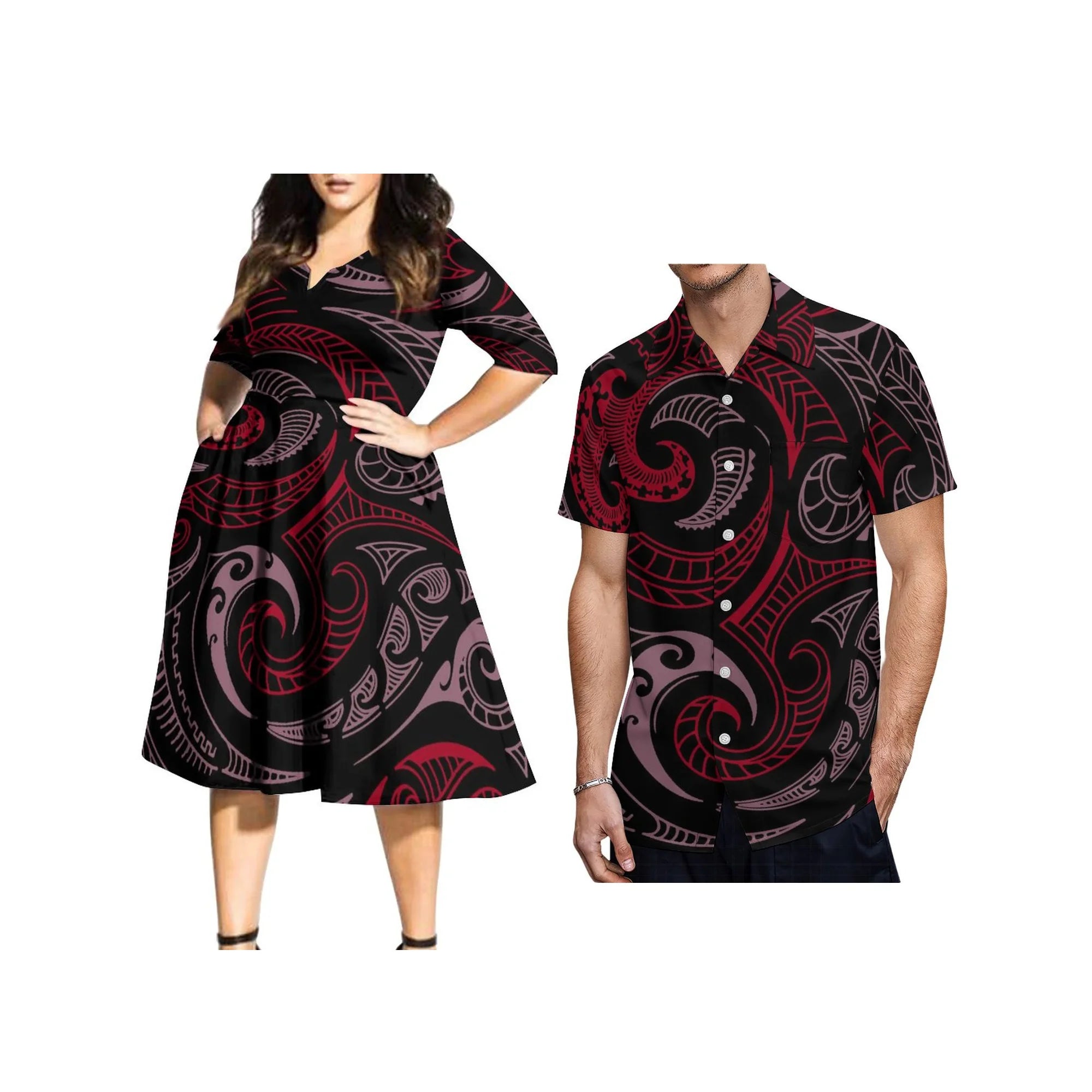 Wholesale Customized Ladies V Neck Half Sleeve Knee Length Long Dress Samoa Polynesian Tribal Print Women Sexy Dress