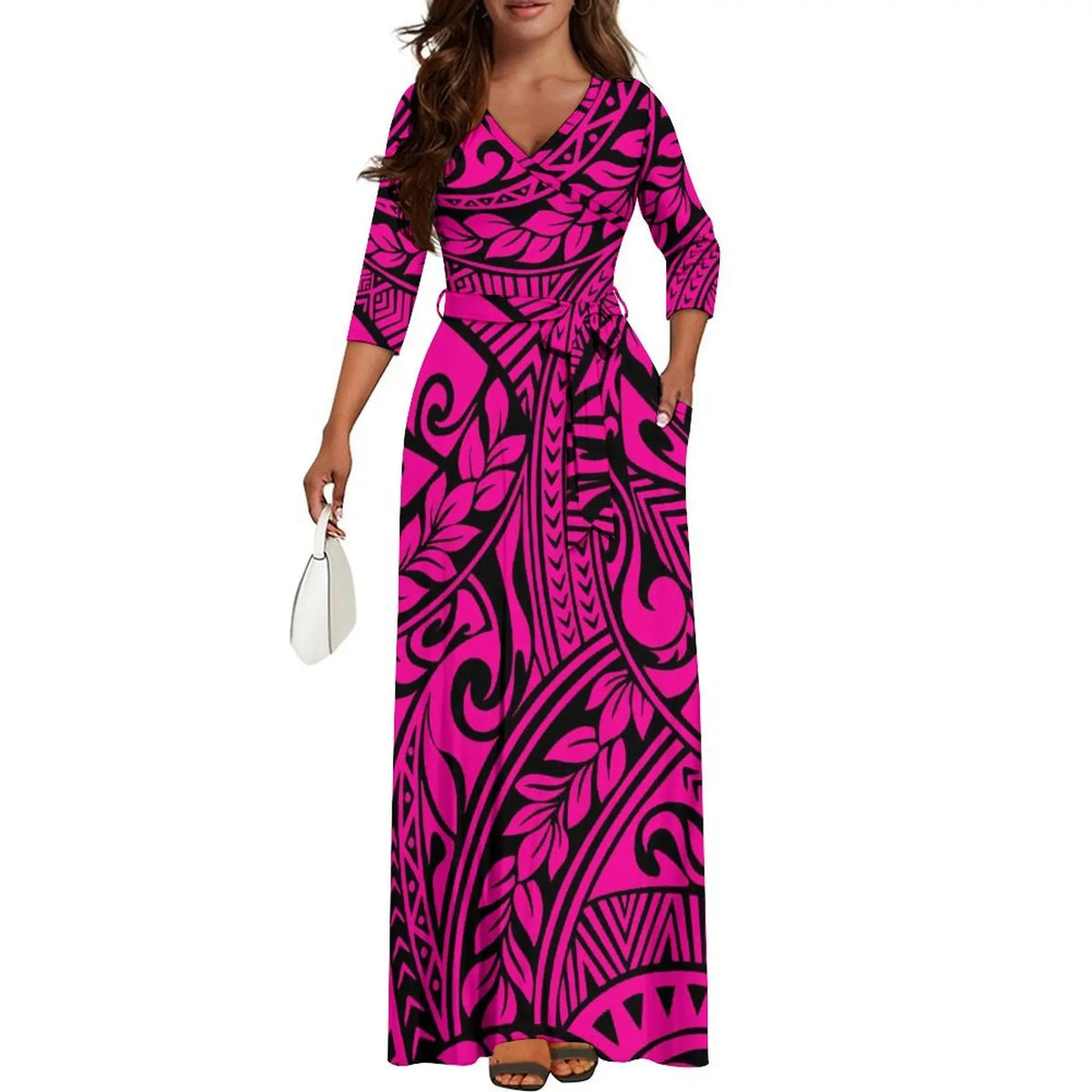 Tribal Ethnic Style Women'S Dress Fiji Samoa Custom Dress Polynesian Ladies Banquet Dress Elegant V-Neck Short-Sleeved Dress