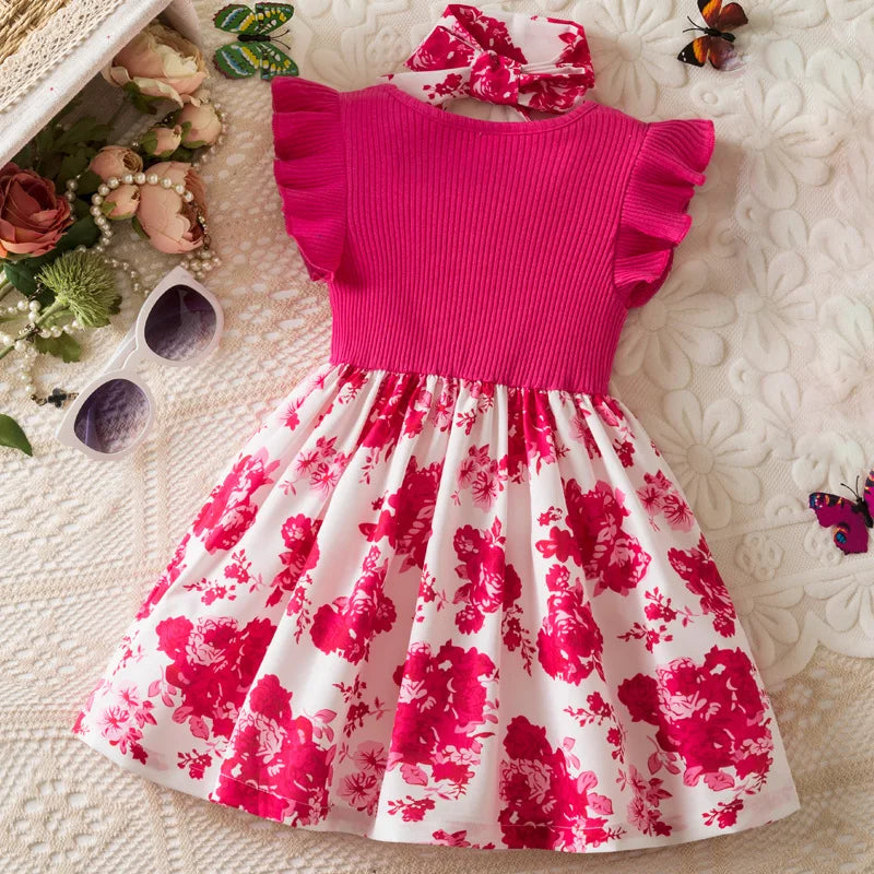 Summer Floral Print Dress for Baby Girls with Flutter Sleeves Elegant round Neck European American Style Party Gown