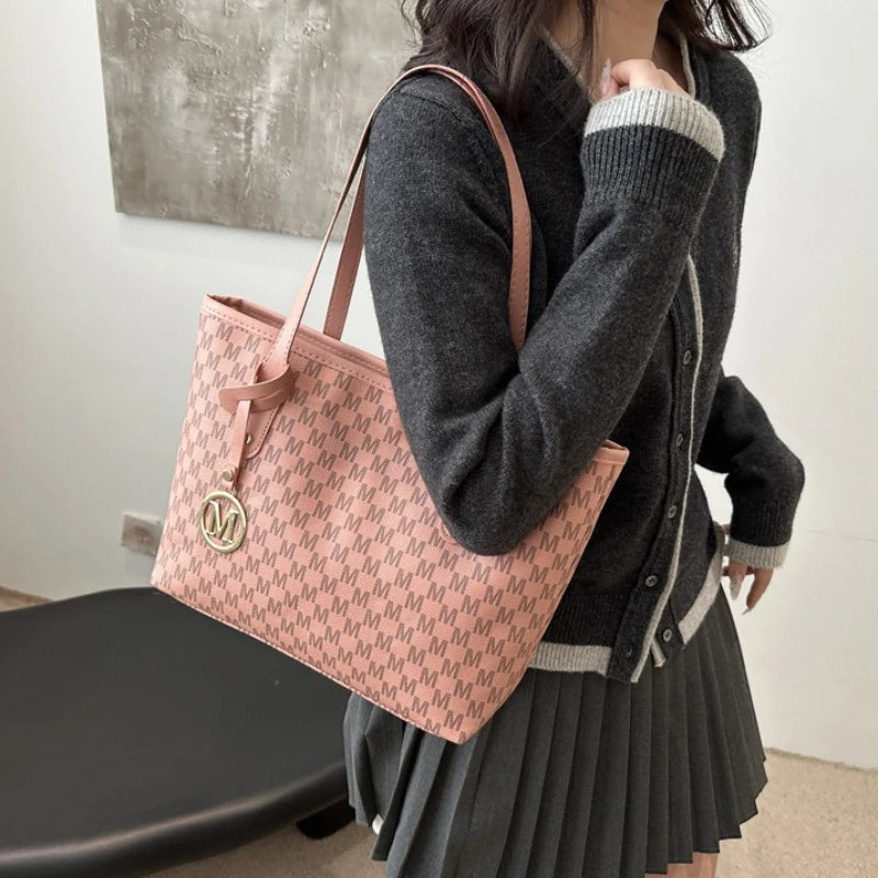 Elegant Monogram Tote Bag with Detachable Gold M Charm Faux Leather Handles Large Capacity Work Commuter Travel Shoulder Purse
