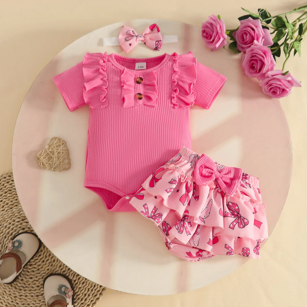 Baby Girl Comfortable And Breathable Set Short Sleeve Top Cute Cartoon Printed Shorts Three Piece Set Matching Items Conjuntos