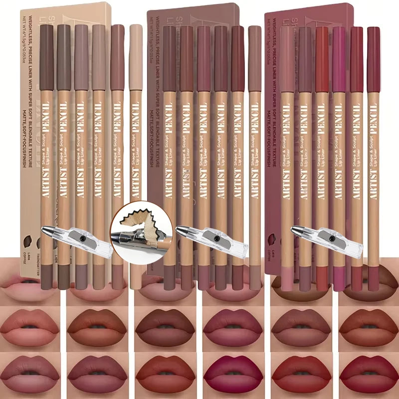 7PCS/SET Lip Makeup Set: 6 Matte Lip Liners + 1 Pencil Sharpener. Long-Lasting Matte Lip Liners with a Waterproof Formula