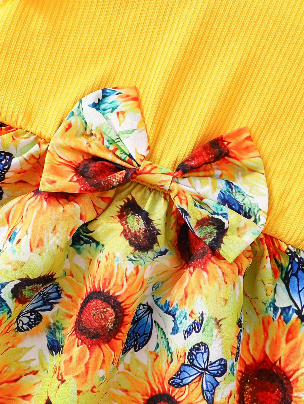 Yellow Sunflower Lively and Cute Little Girl Casual Dress Summer Thin Style, Toddler Girl Flutter Sleeve Round Neck Bow Tie Waist Dress Summer Breathable Children's Outing Holiday Party Gift Vacation Fashion Sweet Lady Style