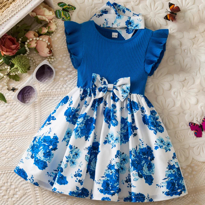 Summer Floral Print Dress for Baby Girls with Flutter Sleeves Elegant round Neck European American Style Party Gown