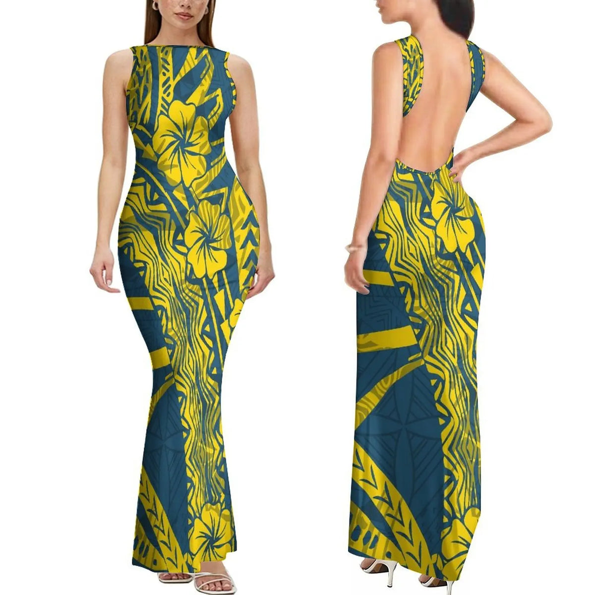 Summer Mature And Elegant Sleeveless Long Slimming And Sexy Backless Women'S Dress With Polynesian Custom Pattern