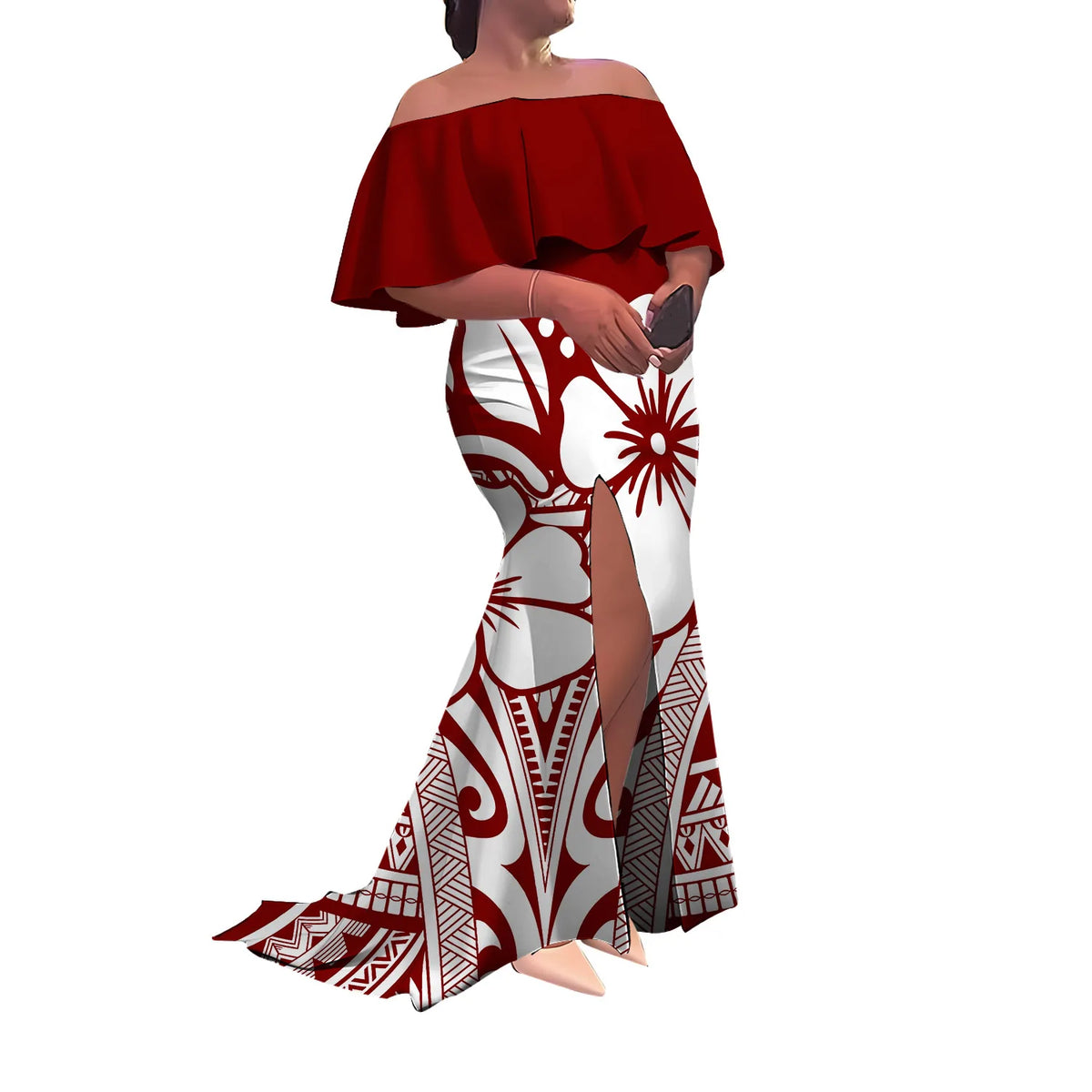Women'S Dress Half-Printed One-Shoulder Slit Long Floor-Length Slimming Fishtail Dress Polynesian Evening Dress Custom-Made