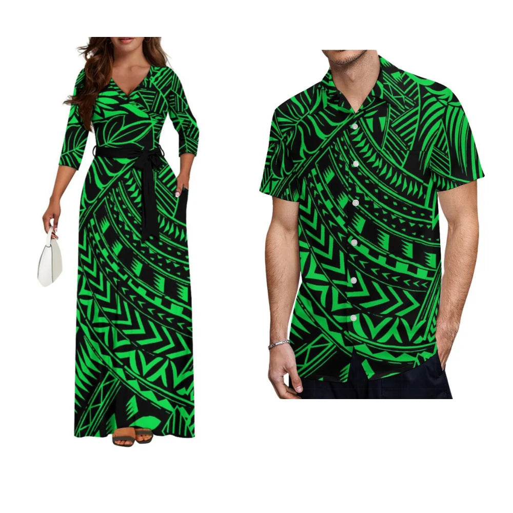 Samoa Hibiscus Flower Custom Women'S Dress Summer Autumn Long Sleeve V-Neck Temperament Dress Party Couple Dress Men'S Shirt
