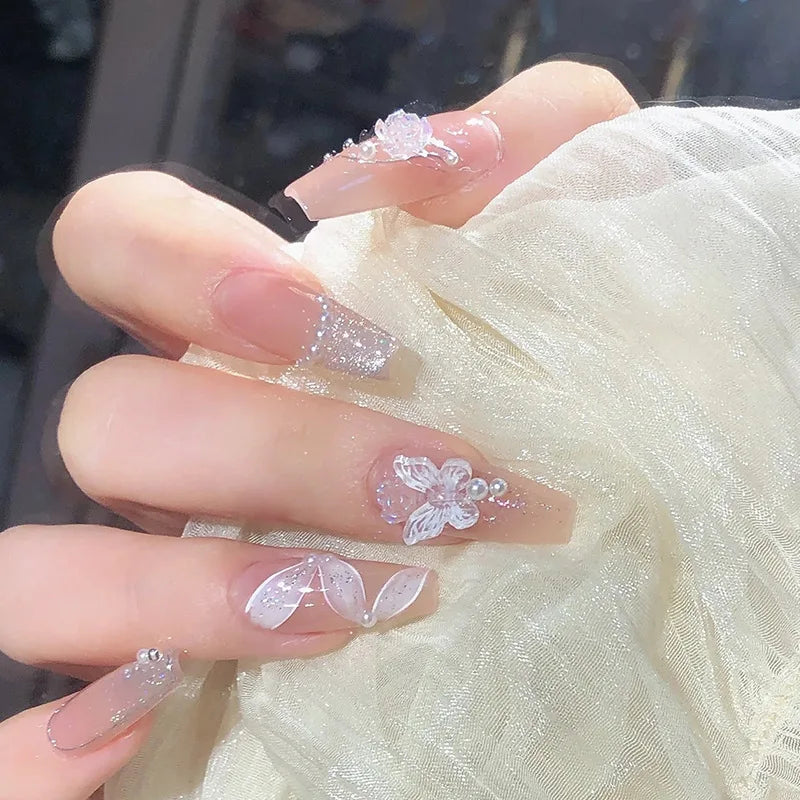 24Pcs Love Heart Butterfly Coffin Fake Nails Art French Long Ballet Detachable Wearing Press on Nail Tips Full Cover False Nails