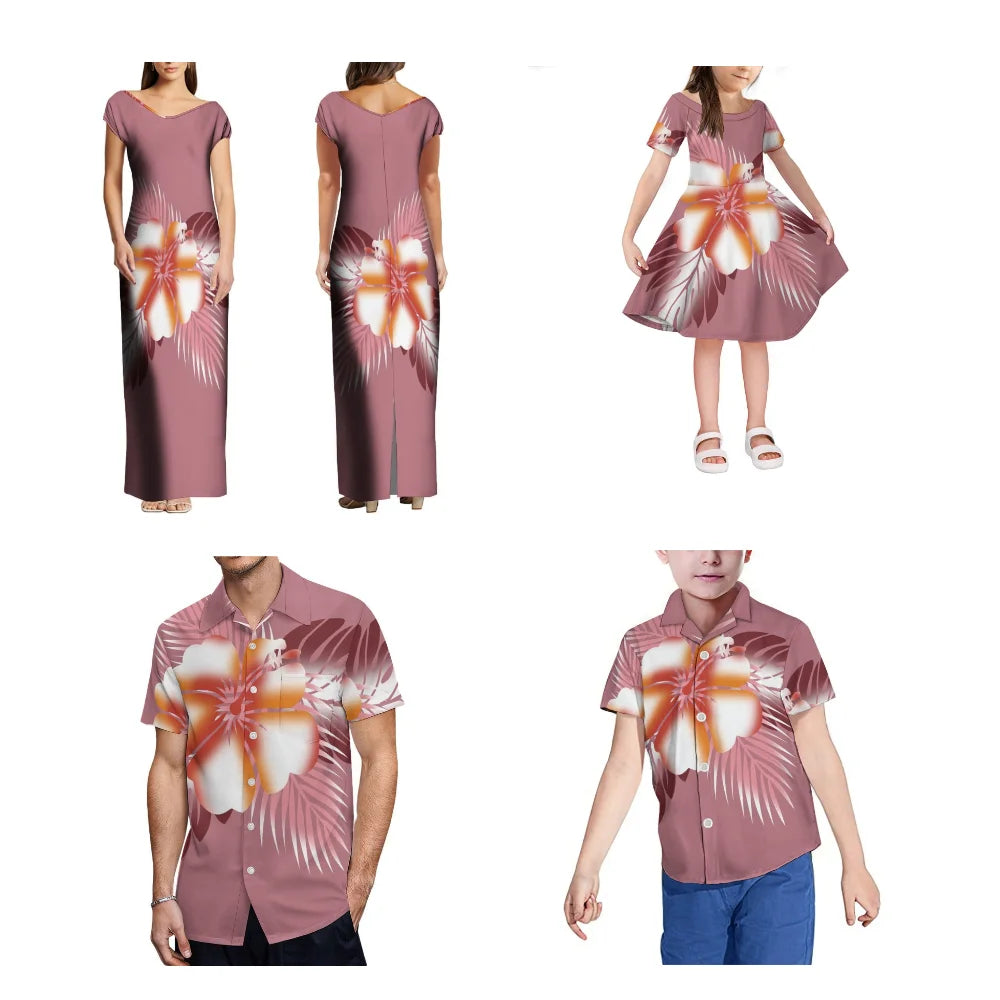 Hot Selling Family Set Summer Polynesian Print Custom Women'S Maxi Dress Tribal Ethnic Style V-Neck Design Maxi Dress