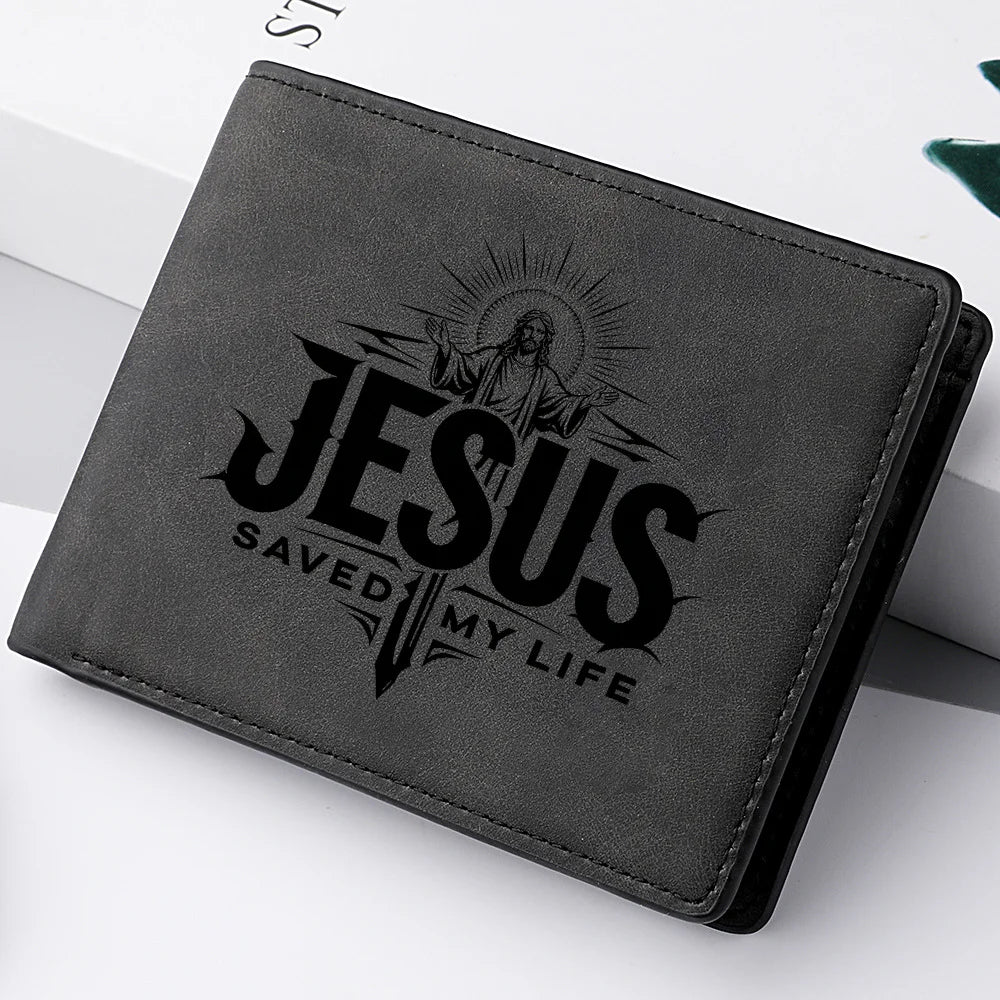 Men's Fashionable Short Wallet, with Personalized Design Featuring the Image of Jesus, and Multiple Card Slots.