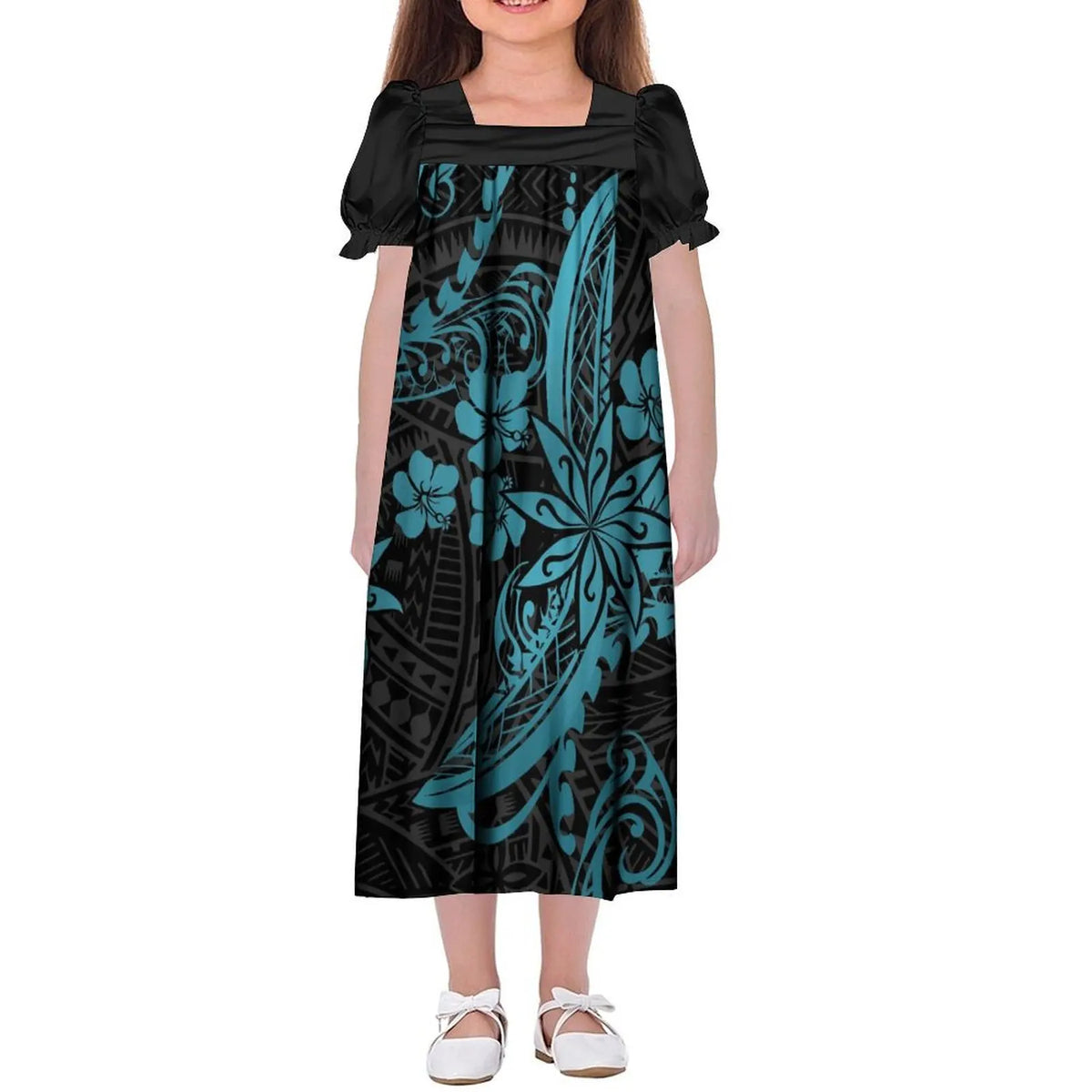 Custom Wholesale Polynesian Girls Dress Summer Puffed Sleeves Design Children'S Long Skirt Loose Dress Tribal Floral Print