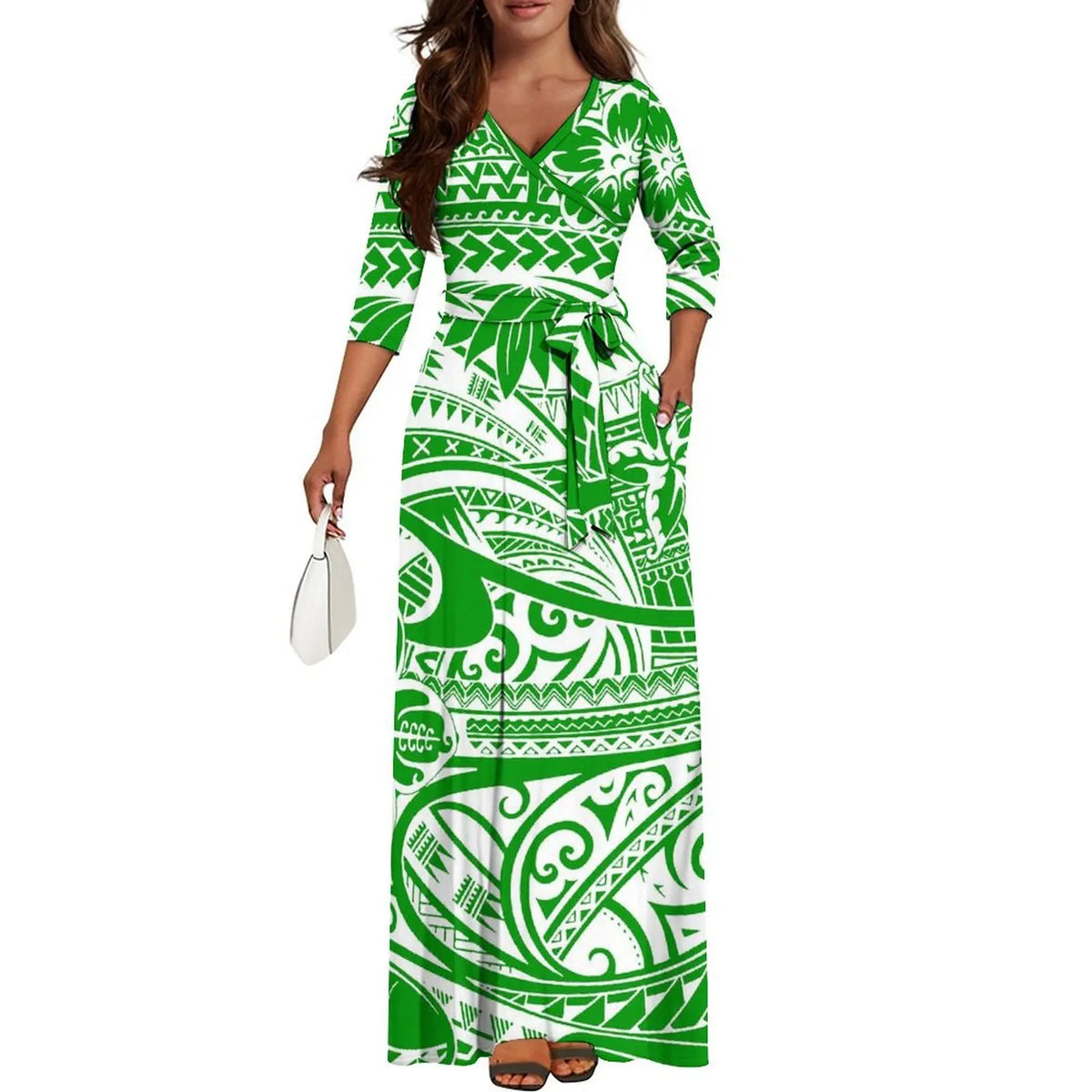 Quality Fabric Vintage Print Custom Mid-Sleeve Long Skirt Dress Polynesian Ladies Summer Fashion V-Neck Waist Binding Dress