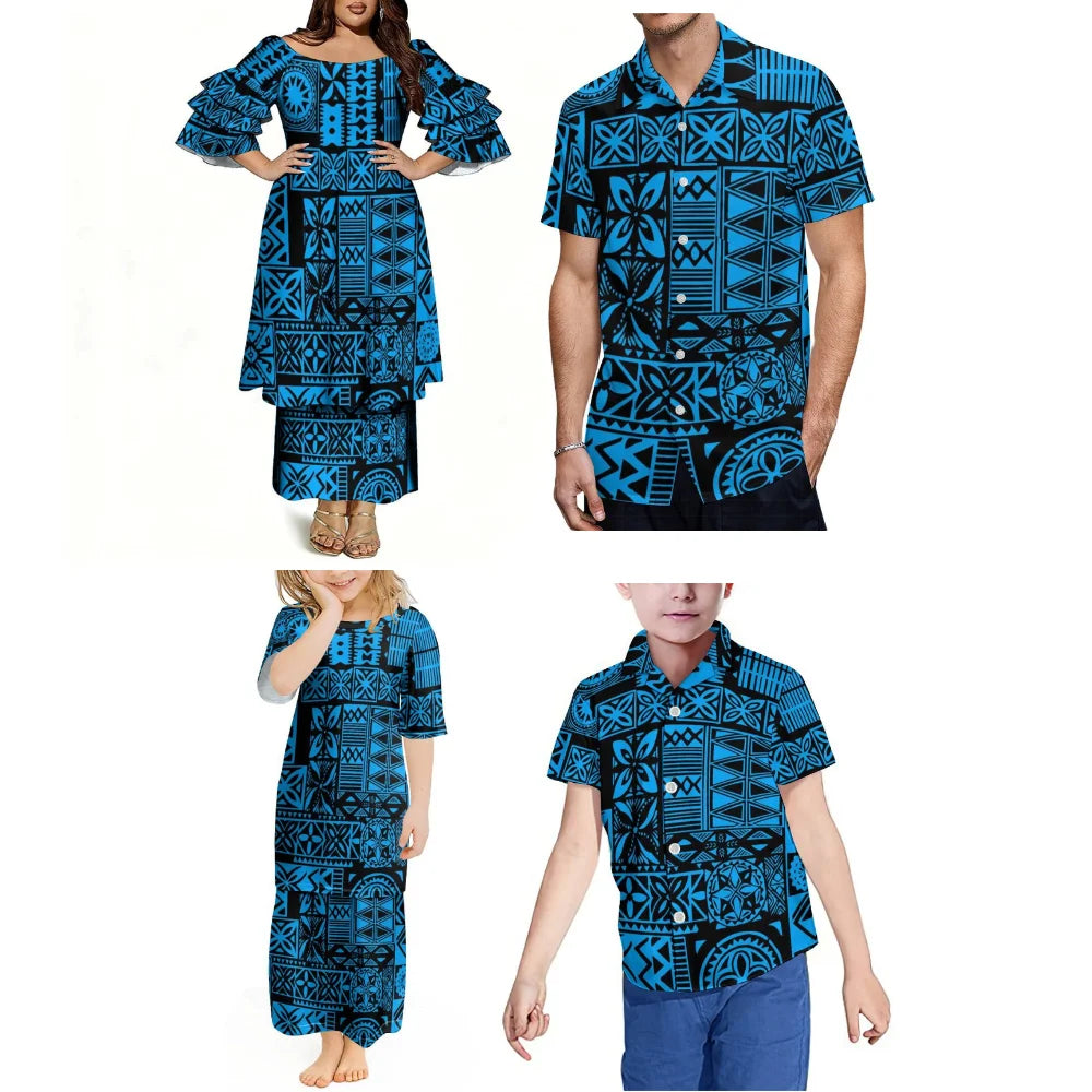 Pacific Island Samoa Family Set Comfortable Women'S Puletasi Dress Men'S Hawaiian Shirt Festive Party Floral Printed Clothing