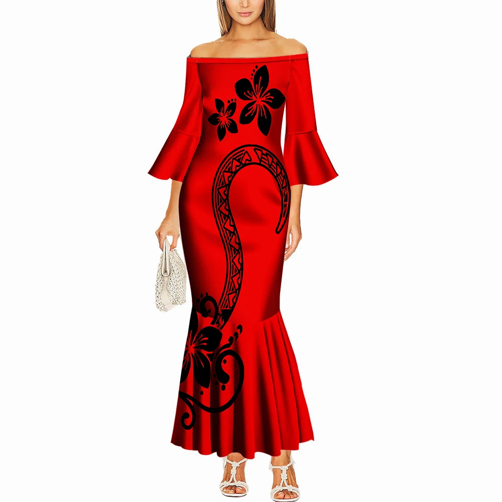 Summer One-Shoulder Puletasi Dress Custom-Made Samoan Islands Print Polynesian Tribal Women'S Tight Fishtail Dress