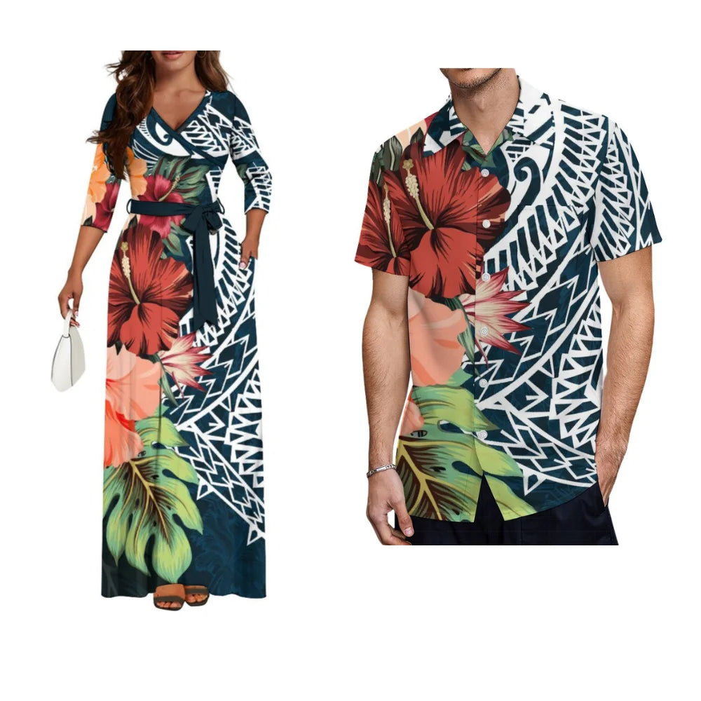 Samoa Hibiscus Flower Custom Women'S Dress Summer Autumn Long Sleeve V-Neck Temperament Dress Party Couple Dress Men'S Shirt