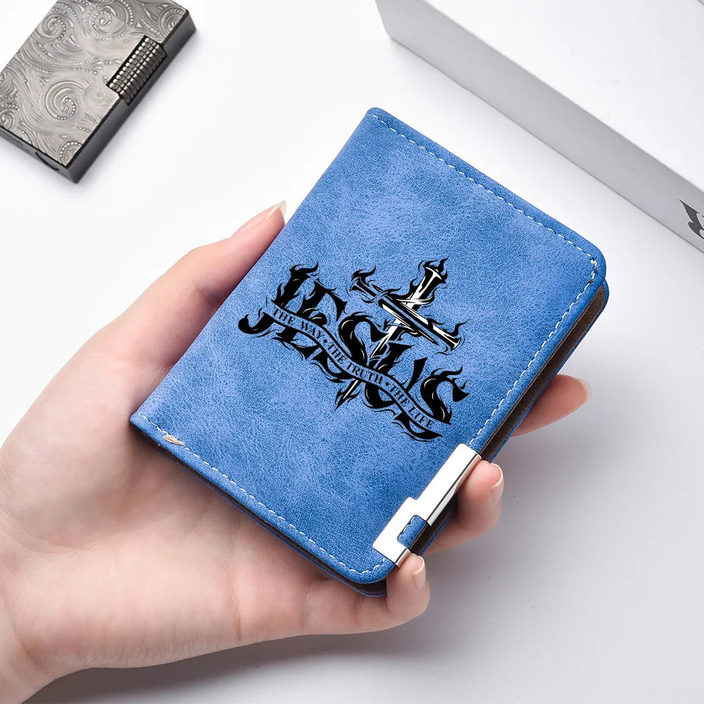 Men's Mini Ultra-Thin Short Wallet Jesus Cross Print Suede PU Leather Credit Card Holder Portable Bifold Christian Purse