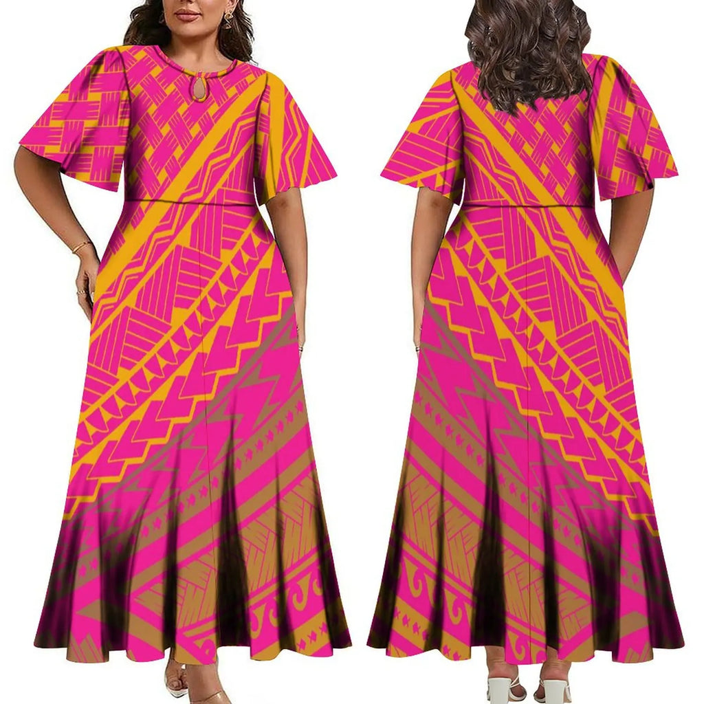 Wholesale Custom Polynesian Tribal Printed Half Flare Sleeve Long Party Dress Maxi Island Style Dress Plus Size Womens Clothing